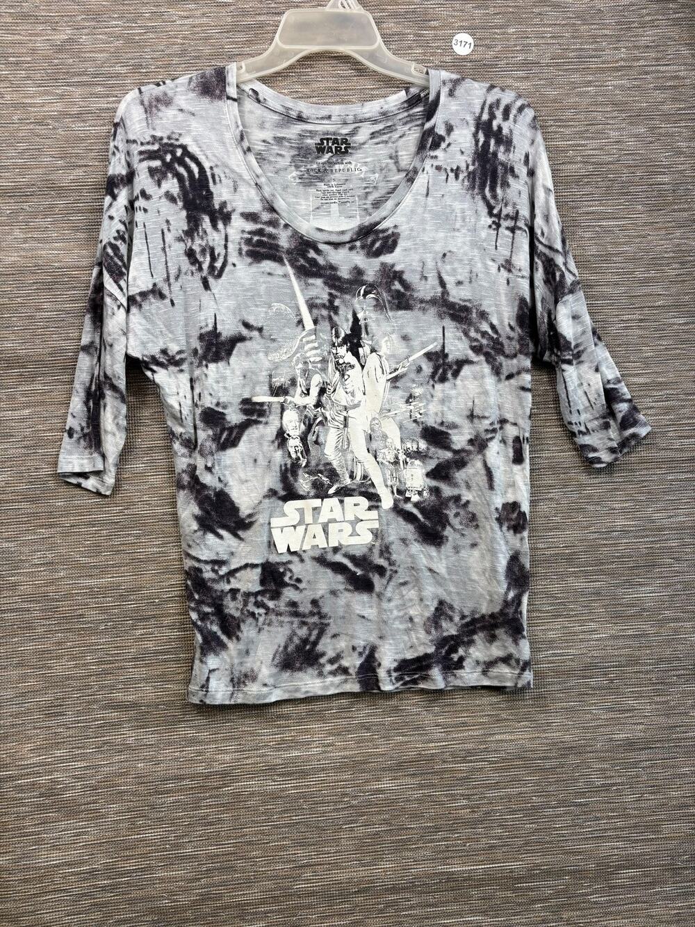 Rock & Republic Shirt Womens S Gray Star Wars A New Hope Tie Dye 3/4 Sleeve